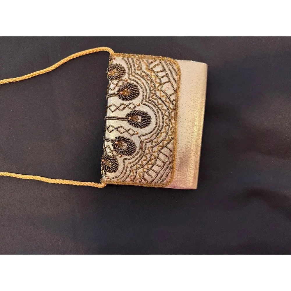 Vintage Gold Beaded Evening Clutch Bag Metallic Formal Crossbody Purse